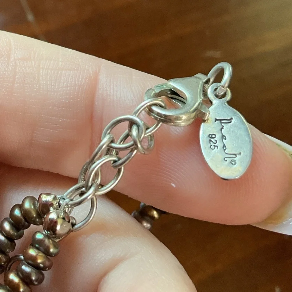 Sterling Silver Brown Keishi Pearl CZ Starfish Seashell Double Strand Necklace